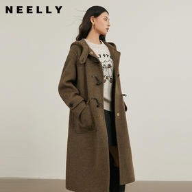 NEELLY纳俪商场同款冬季新款减龄连帽牛角扣长款双面呢大衣保暖女N25114N04607