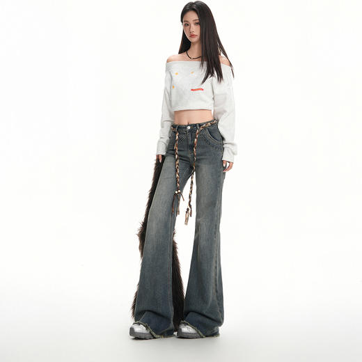 罗蒙秋冬女士复古牛仔裤浅色微喇修身马蹄喇叭高腰显瘦弹力拖地长裤 商品图2
