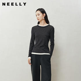 NEELLY纳俪商场同款冬季新款时尚假两件条纹针织衫女显瘦百搭上衣N25103T01065
