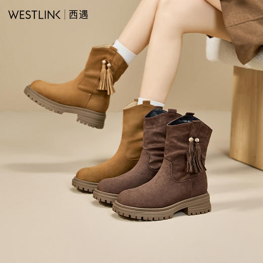西遇厚底西部牛仔靴女新款秋冬V口流苏堆堆靴美拉德圆头短靴V2157202 商品图0