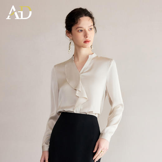 AD气质绝美小衫女2025夏季新款香槟色荷叶边V领衬衣时尚百搭上衣 商品图1