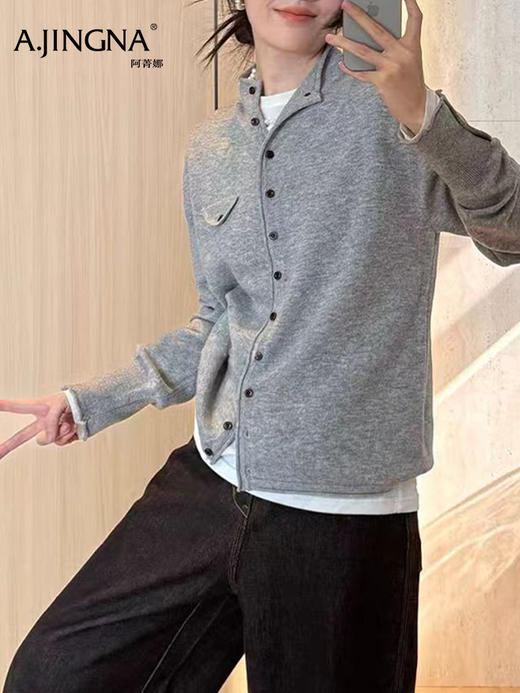 【美丽诺羊毛】阿菁娜秋冬季新款法式高领针织开衫美丽诺羊毛可翻立领复古扣子细节F30D318008 商品图5