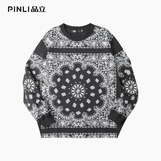 PINLI品立2025秋季新款腰果花宽松长袖T恤男士复古休闲印花上衣潮B253111040 商品图3