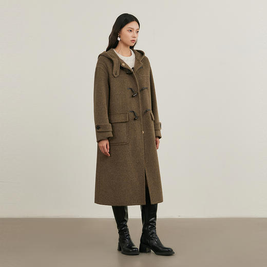 NEELLY纳俪商场同款冬季新款减龄连帽牛角扣长款双面呢大衣保暖女N25114N04607 商品图2