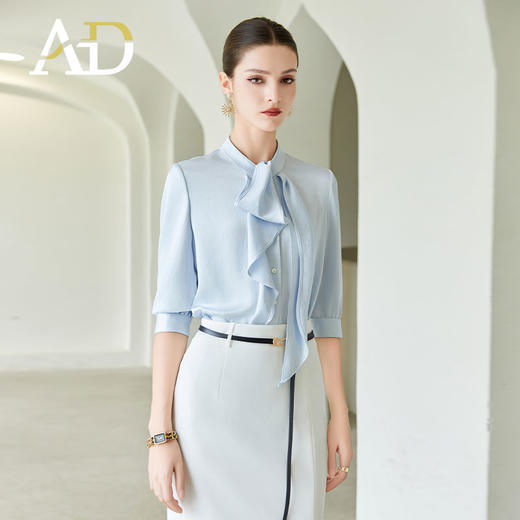 AD立体褶裥蓝色衬衫女士通勤职业装衬衣夏季薄款双面缎仿真丝上衣 商品图0