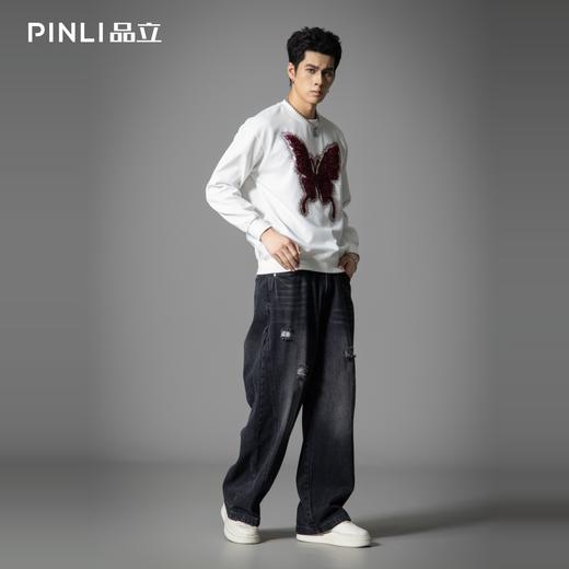PINLI品立春季新款蝴蝶烫钻圆领卫衣美式潮牌宽松长袖男上衣BG251109002 商品图2