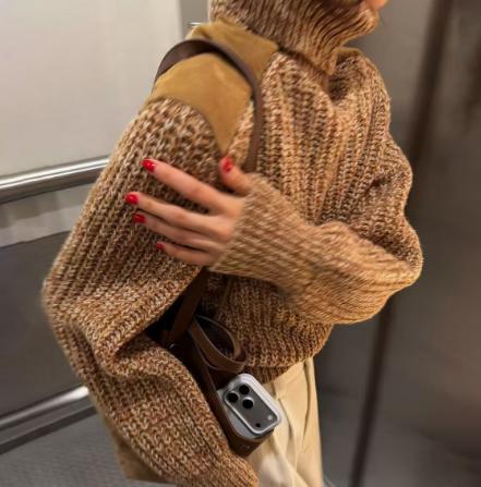 ROMI STUDIO“老钱腔调”羊绒羊毛肩膀拼皮高领毛织RWCWSG5551 商品图0