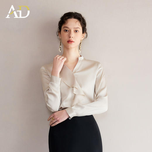 AD气质绝美小衫女2025夏季新款香槟色荷叶边V领衬衣时尚百搭上衣 商品图2