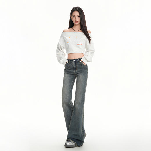 罗蒙秋冬女士复古牛仔裤浅色微喇修身马蹄喇叭高腰显瘦弹力拖地长裤 商品图5