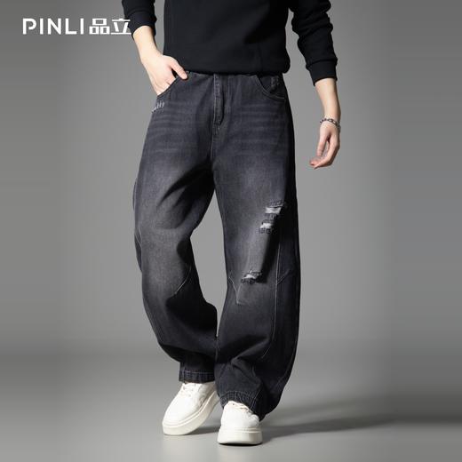 PINLI品立春季新款美式洗水破洞牛仔裤男士宽松直筒休闲长裤GD253116137 商品图0