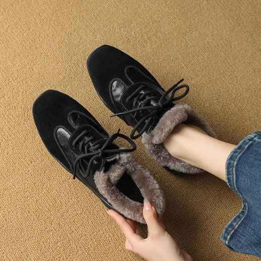 【预售5天】超软羊皮加厚羊羔毛保暖，系带小皮鞋皮深口毛毛单鞋SSS&S9162M 商品图4