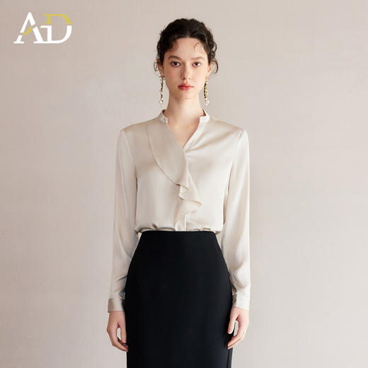 AD气质绝美小衫女2025夏季新款香槟色荷叶边V领衬衣时尚百搭上衣 商品图4