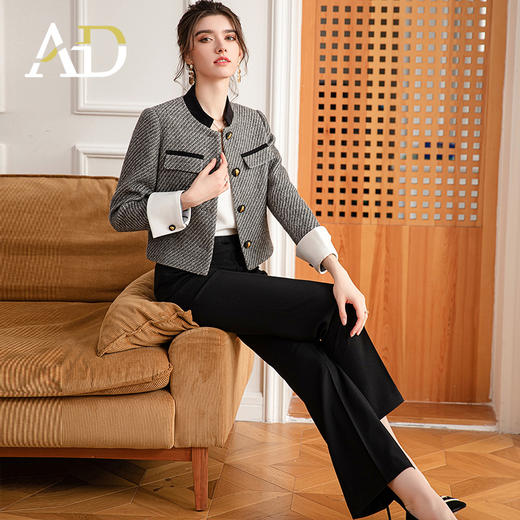 AD新中式西服女秋冬小香风短外套洋气格纹羊毛西装套装通勤女装 商品图3