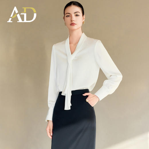 AD白色衬衫女春秋2025新款高级感设计感小众时尚洋气飘带衬衣上衣 商品图0
