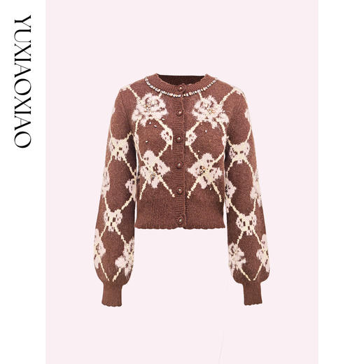 余潇潇【玫瑰可露丽】时尚绵羊毛羊驼毛混纺提花小波浪圆领羊毛开衫 商品图3