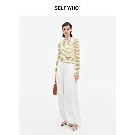 SELFWHO绵羊毛混纺淡黄色镂空针织衫女2025冬季新款宽松透气上衣 商品图1