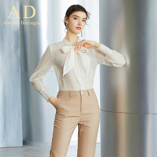 AD春季时尚名媛长袖薄款香槟色衬衫职业装气质女神蝴蝶结系带衬衣 商品图2