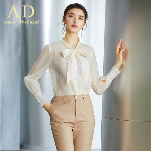 AD春季时尚名媛长袖薄款香槟色衬衫职业装气质女神蝴蝶结系带衬衣 商品图0