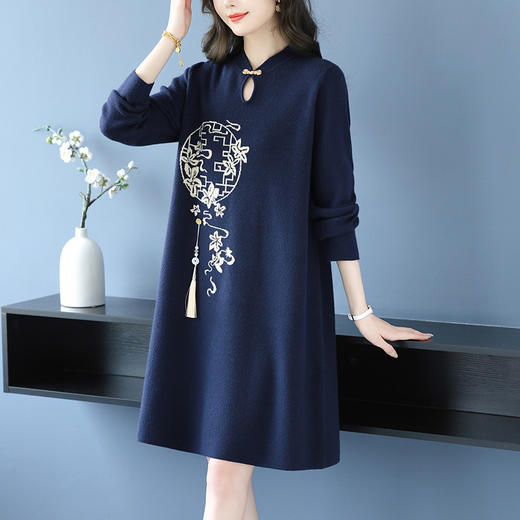 新中式国风女装针织连衣裙，洋气毛衣裙中长款显瘦遮肉裙子CC-16-9619 商品图3