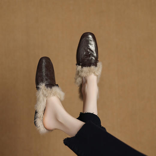 【预售5天】羊皮兔毛毛拖鞋女外穿秋冬英伦复古加绒保暖包头半拖鞋粗跟穆勒鞋NGMZR&7955 商品图2