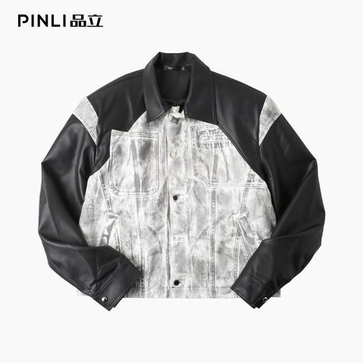 PINLI品立2025秋季新款宽松翻领PU皮衣茄克拼接牛仔衣机车外套男GD253104155 商品图3