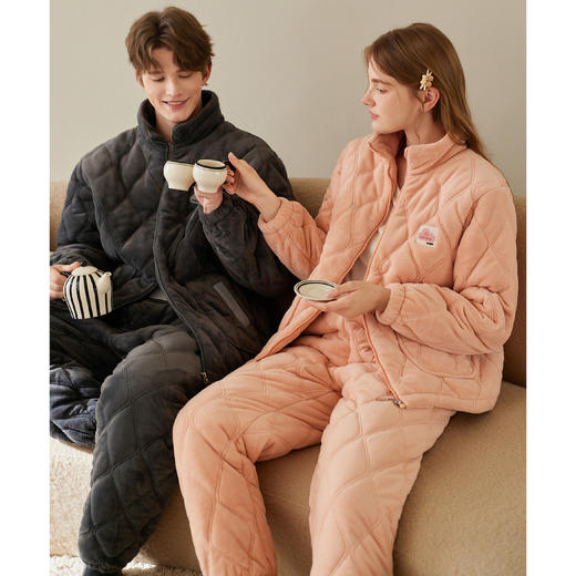 芬腾情侣睡衣冬季珊瑚绒三层加厚夹棉套装男女士抗静电加绒家居服 商品图0