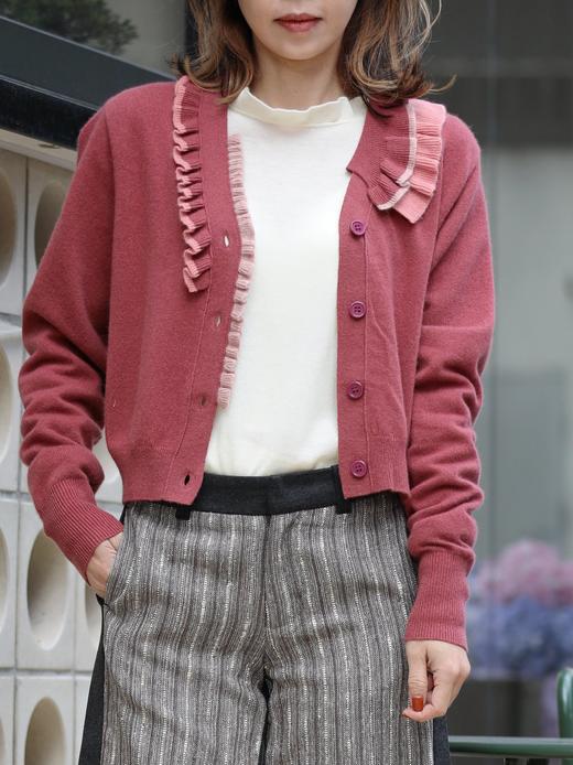 TYNVIE 撞色荷叶边装饰羊绒开衫- 砖红色 商品图1