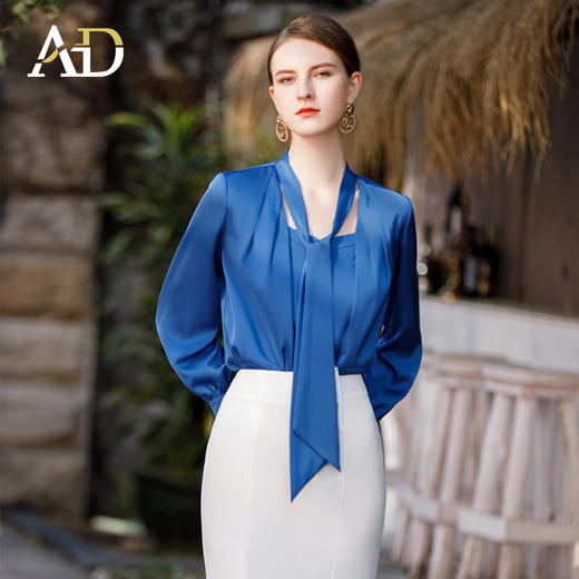 AD气质宝蓝色衬衫女高级设计感系带圆领长袖上衣ol通勤衬衣职业装 商品图2
