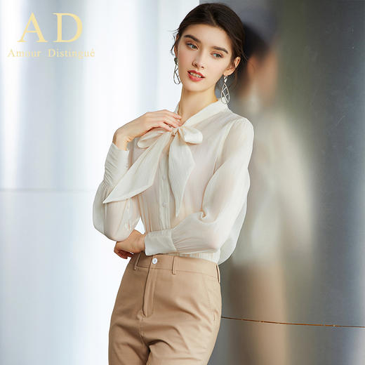 AD春季时尚名媛长袖薄款香槟色衬衫职业装气质女神蝴蝶结系带衬衣 商品图3