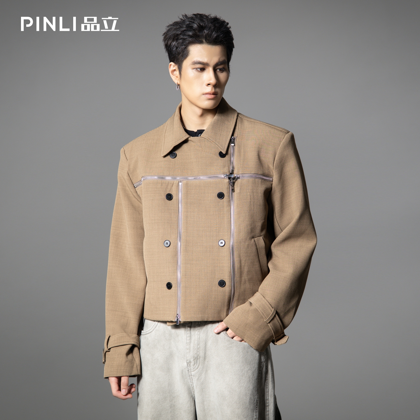 PINLI品立2025秋季新款男士短款高街宽松翻领斜门襟梭织茄克外套GD253104153