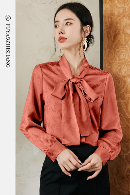 FUYAO扶摇 提花衬衫女秋季新中式宽松长袖衬衣橘红色竹子花纹上衣 商品图5