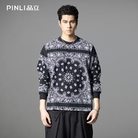 PINLI品立2025秋季新款腰果花宽松长袖T恤男士复古休闲印花上衣潮B253111040