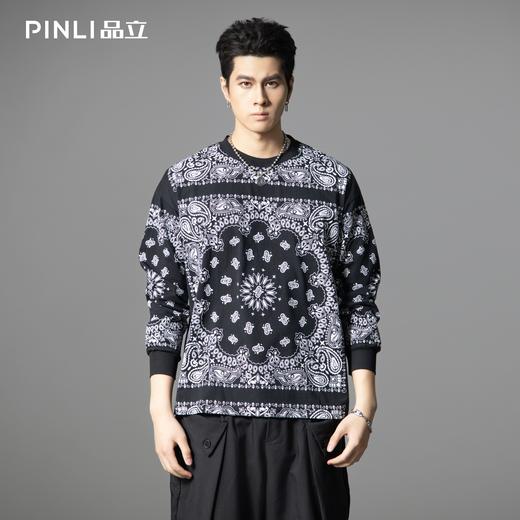 PINLI品立2025秋季新款腰果花宽松长袖T恤男士复古休闲印花上衣潮B253111040 商品图0