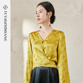 FUYAO扶摇 提花衬衫女秋季新款喇叭袖光泽感缎面上衣国风珠扣衬衣