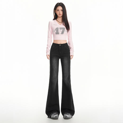 罗蒙秋冬女士复古牛仔裤浅色微喇修身马蹄喇叭高腰显瘦弹力拖地长裤 商品图1