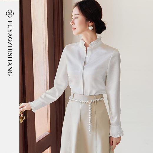 FUYAO扶摇 白色长袖衬衫女2025新款法式雪纺衬衣设计感花边领上衣 商品图1