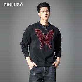 PINLI品立春季新款蝴蝶烫钻圆领卫衣美式潮牌宽松长袖男上衣BG251109002