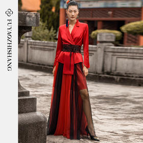 【定制款】红黑撞色西装外套女加长下摆两件套 定制款不支持退换