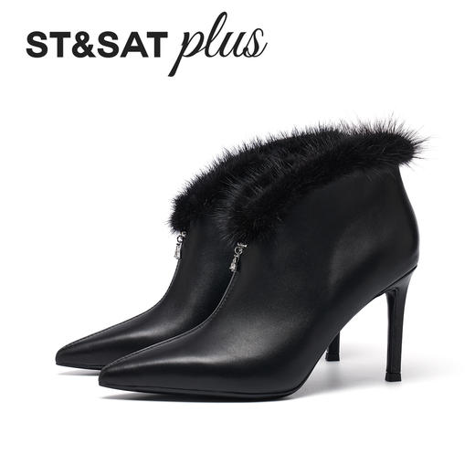 【细腻羊皮】星期六轻奢毛领尖头高跟短靴SSD4116587 商品图4