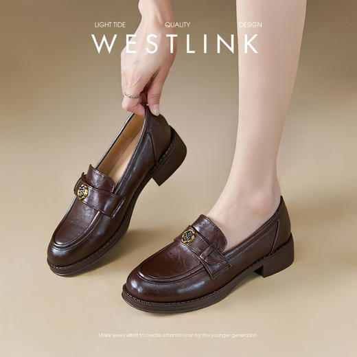 【限时秒杀】西遇法式乐福鞋女新款秋季瘦版山茶花通勤低跟单鞋棕色小皮鞋V0047621 商品图4