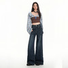 罗蒙秋冬美式复古女士牛仔裤深色高腰喇叭裤宽松显瘦阔腿拖地长裤 商品缩略图3