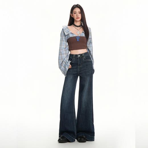 罗蒙秋冬美式复古女士牛仔裤深色高腰喇叭裤宽松显瘦阔腿拖地长裤 商品图3