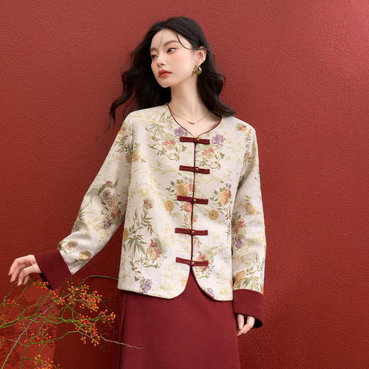 西遇新中式盘扣提花刺绣夹棉外套女冬季新款高级感国风宽松上衣V3755292 商品图3