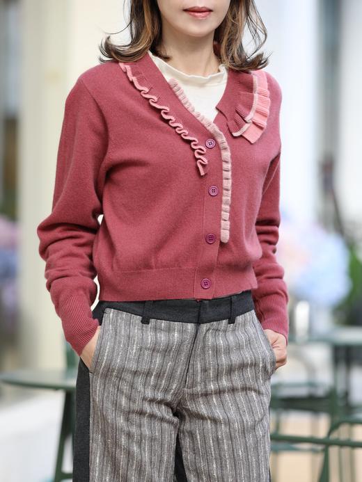 TYNVIE 撞色荷叶边装饰羊绒开衫- 砖红色 商品图5