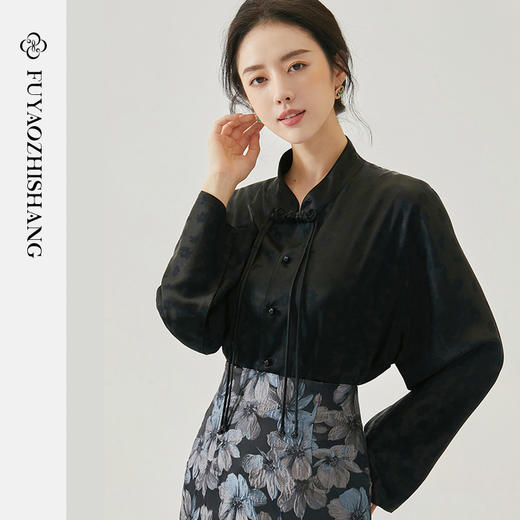 FUYAO扶摇 盘扣立领醋酸衬衫女新款复古气质国风小衫别致长袖衬衣 商品图0