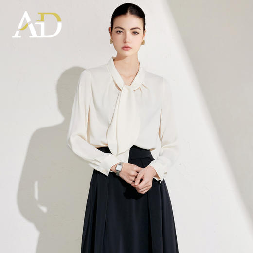 AD衬衫2025新款光泽感面料飘带装饰白上衣女设计感微宽松休闲衬衣 商品图2