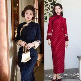 SKY 179407木棉绒长款时尚拼接旗袍时尚改良日常旗袍