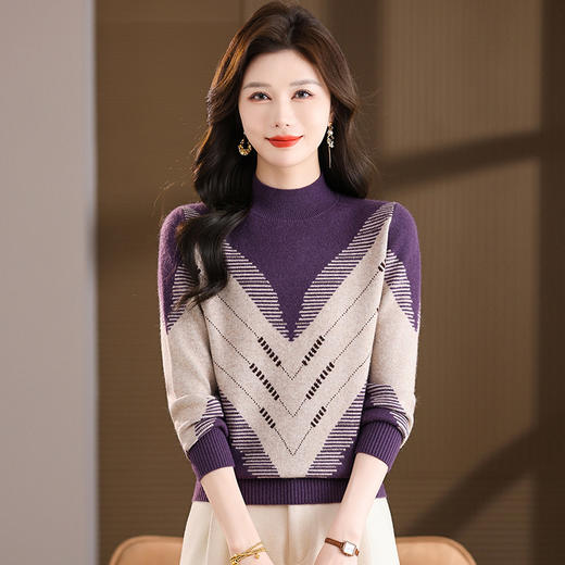 AQL26755时尚V字烫钻半高领毛衣女宽松毛衣羊毛衫秋冬新款大码厚打底衫 商品图1