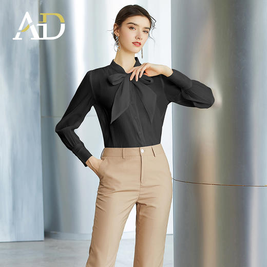 AD高级感黑色衬衫女蝴蝶结上衣春季长袖显瘦衬衣职场时尚通勤女装 商品图2