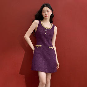 西遇富家千金小香风连衣裙女冬季新款璀璨钉钻珠片织带背心裙V3755285